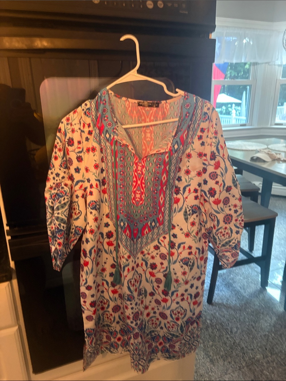 Boho Embroidered V-Neck Tunic in White with Blue & Coral Accents